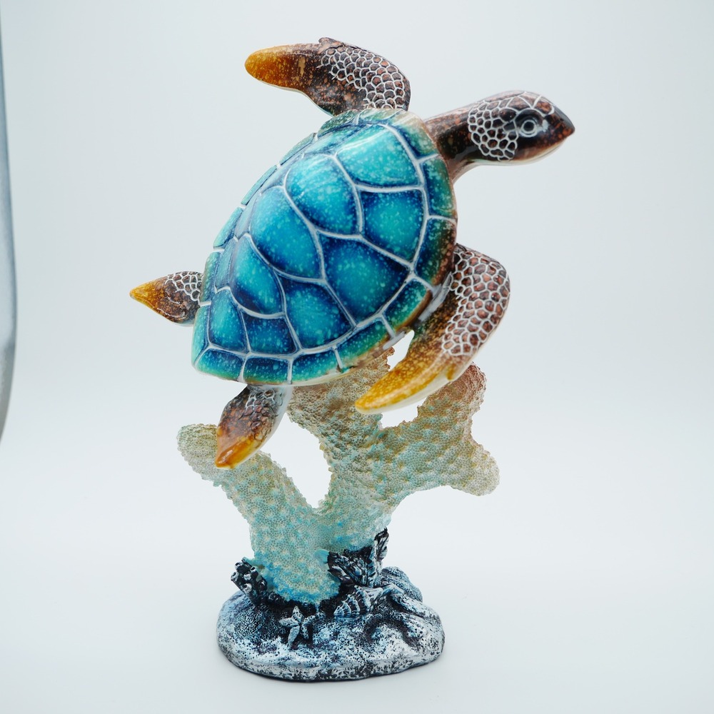 Sea Turtle on Coral Reef Figurine Blue Turquoise Resin Statue Nautical Decor 11"
